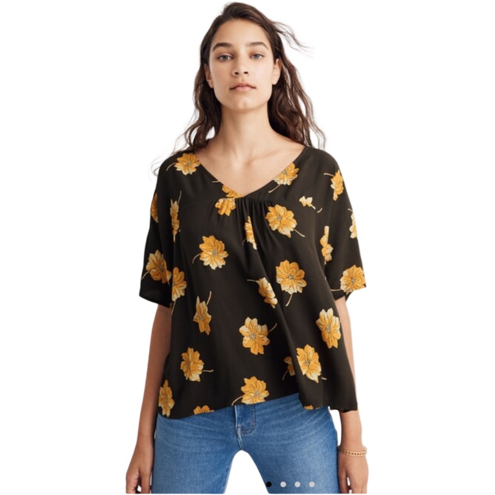 Madewell Rhyme Olive Green and Yellow Floral V-Neck Top Size Small